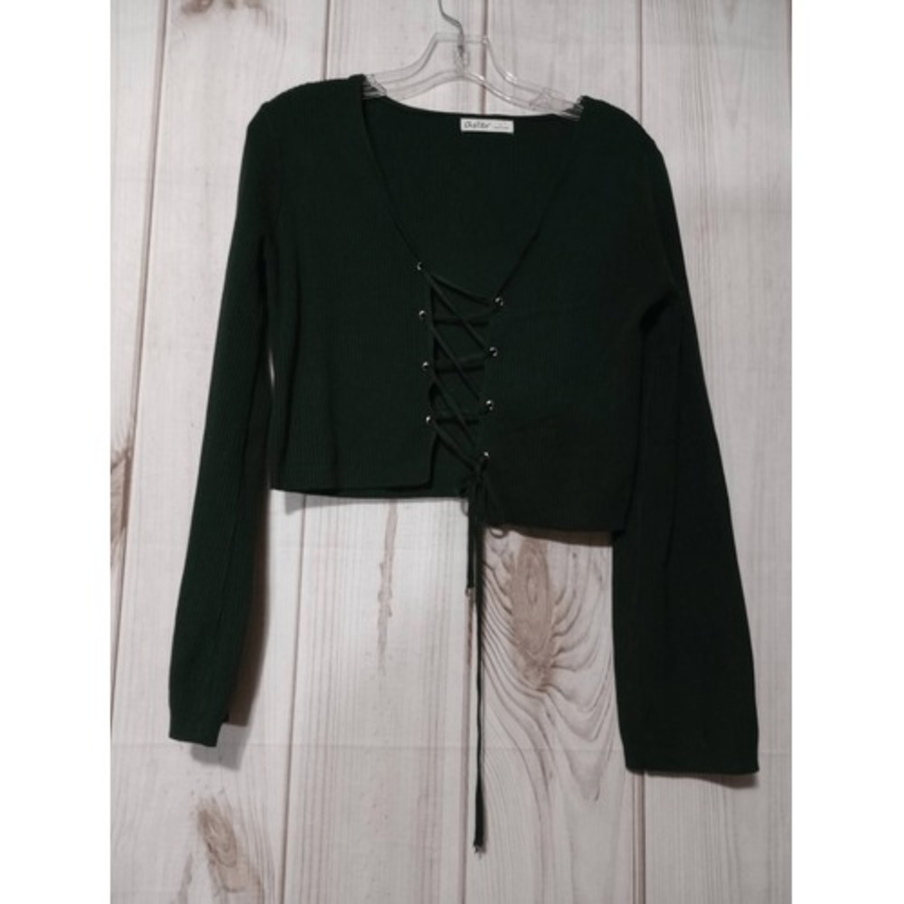 Aster Green Ribbed Lace-Up‎ Front Cropped Long Sleeve Top